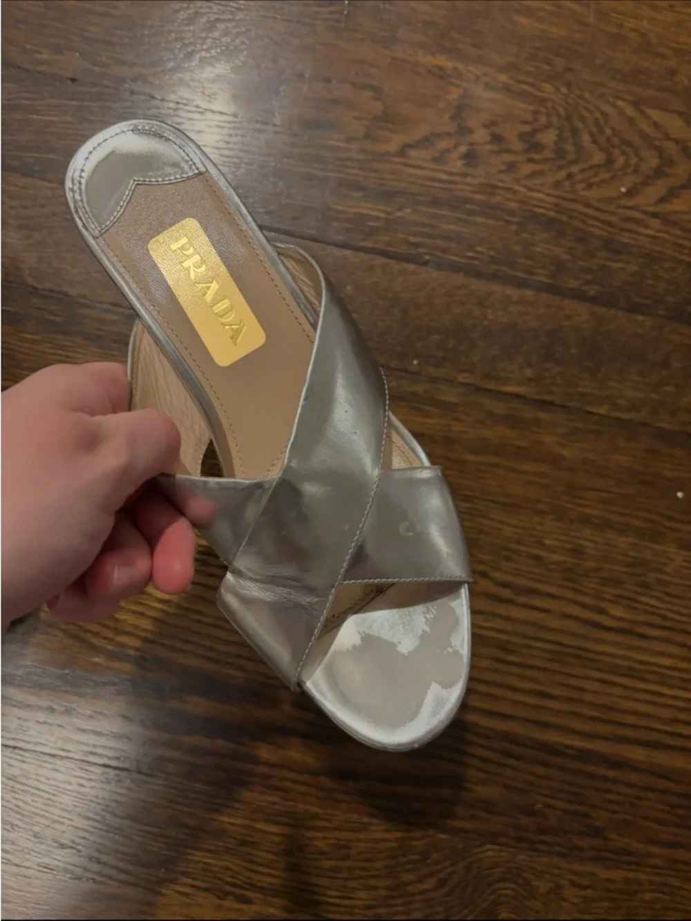Prada Silver Metallic Leather Platform Wedge Slide Sandals Size 39/ US 8.5 Italy